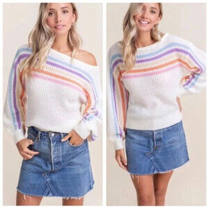 Lush Women's Knitted Pullover Sweater Long Sleeve In Ivory Rainbow Stripe Size M